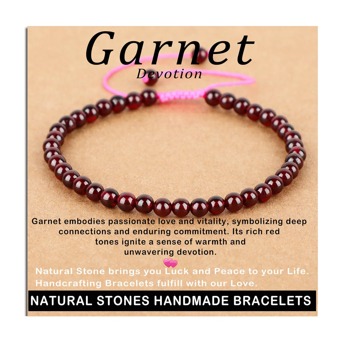 AD Beads 4mm Garnet Bracelet - Stone of Devotion - Handmade Natural Stone Crystal Bracelet with Adjustable Macrame String - Yoga Healing Power Energy Gifts for Men and Women