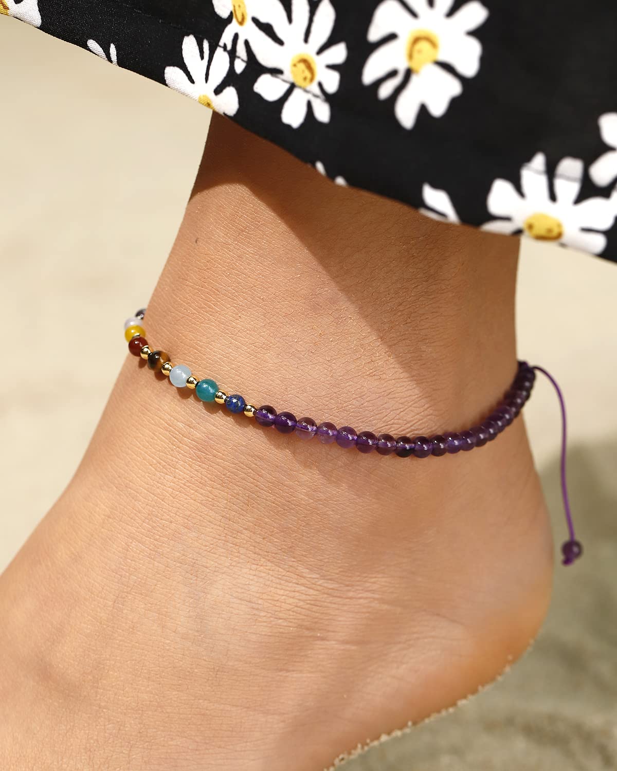 Jewever 7 Chakra Ankle Bracelets for Women Beach Foot Healing Crystals Lava Rock Essential Oils Diffuser Worry Stone Energy Balancing Meditation Yoga gifts (Amethyst)