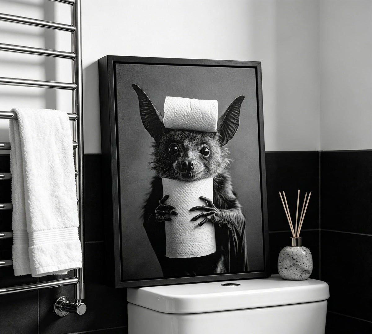 Funny Bat Bathroom Framed Wall Art, Black and White Cute Bat with Toilet Paper Wall Decor, Humorous Animal Bathroom Canvas Print for Restroom, Powder Room, Toilet, Home Decoration 8x10 Inch