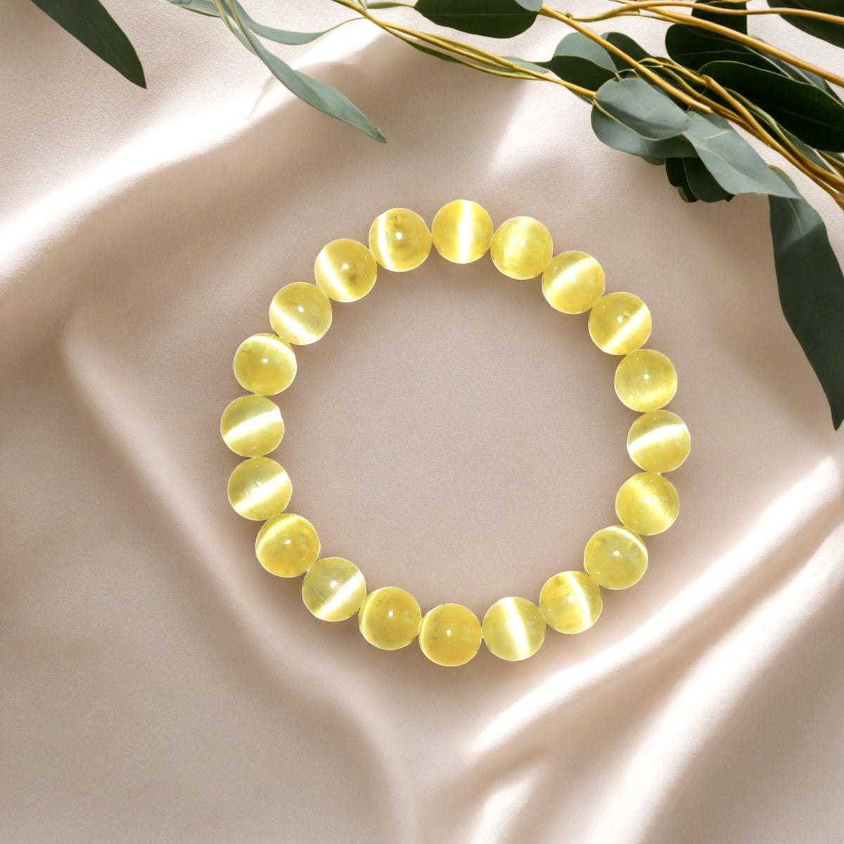 Natural Selenite Crystal Bracelet 10mm | Yellow Plated | Authentic Stone with Leather Pouch, Gift Box & Repair Kit | Fits 7-7.5 inch Wrist