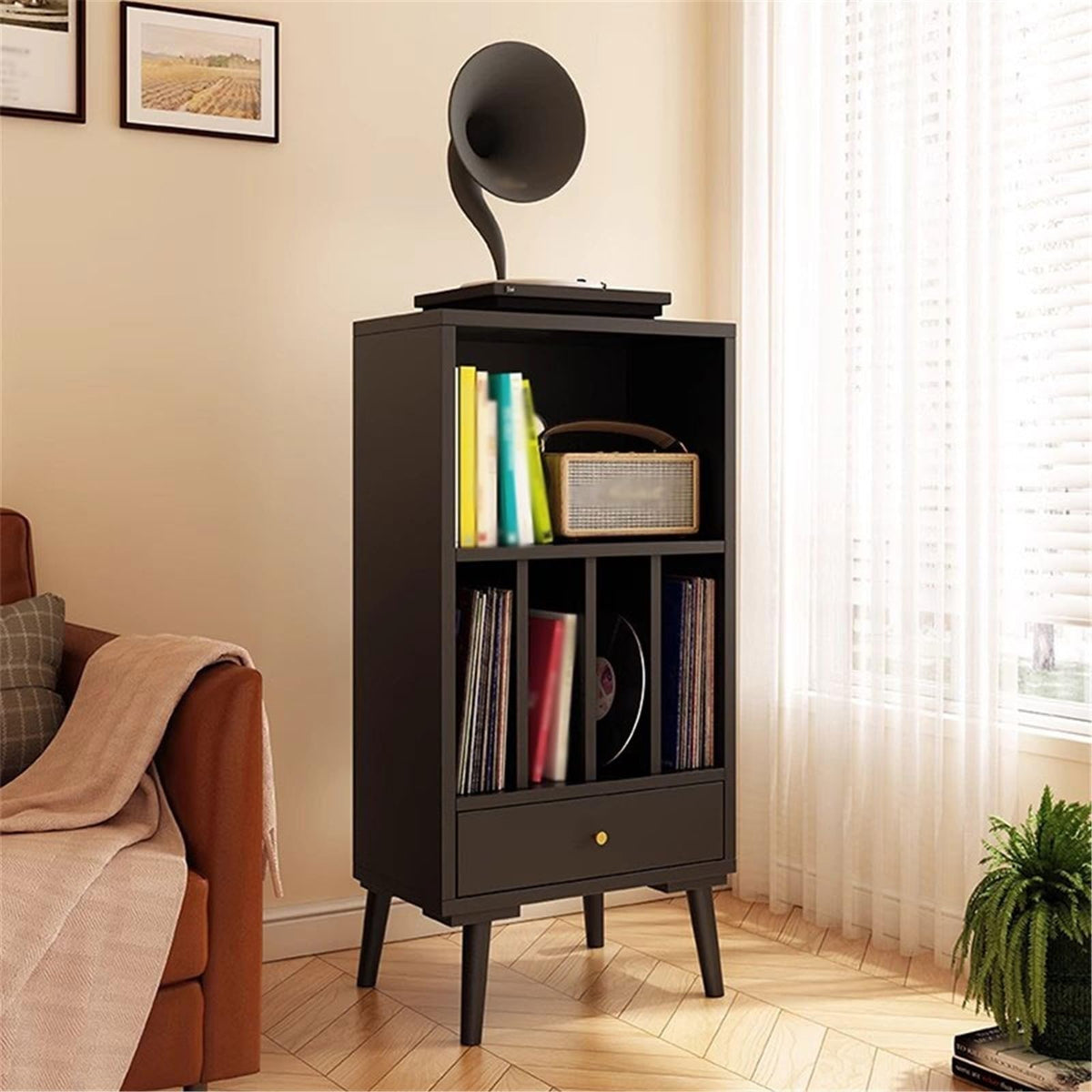FURUIM2024M CD Record Storage Rack Wooden Vinyl Record Low Cabinet with Drawers Storage Unit Display Holder(Black)