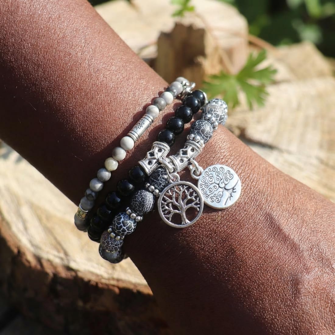 YGLINE Tree of Life Yoga Healing Stone Bracelets,Multilayer Lotus Chakra Stone Reiki Bracelet Sets,Anxiety Crystal Natural Stone,for Women Stress Relief (black wind fossilpicture jasper)