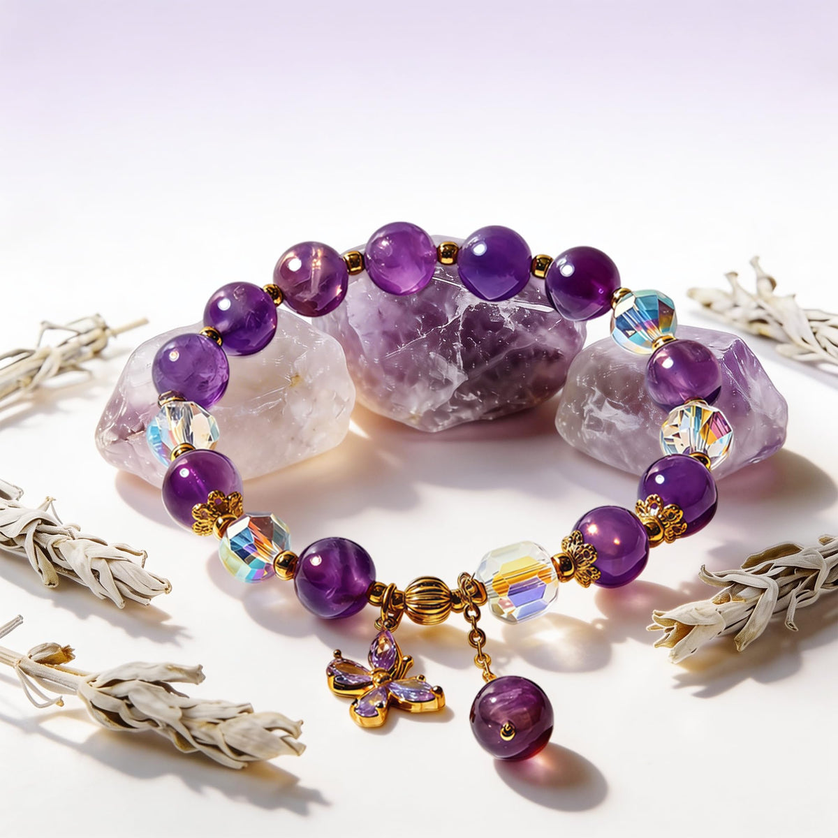 Buddha Stones Amethyst & Butterfly Charm Elastic Bracelet for Women, Handmade Stretch Anxiety Amethyst Crystal Beaded Bracelet, Natural Gemstone Bracelet Jewelry Gift For Mother's Day, Includes Gift Box -8MM