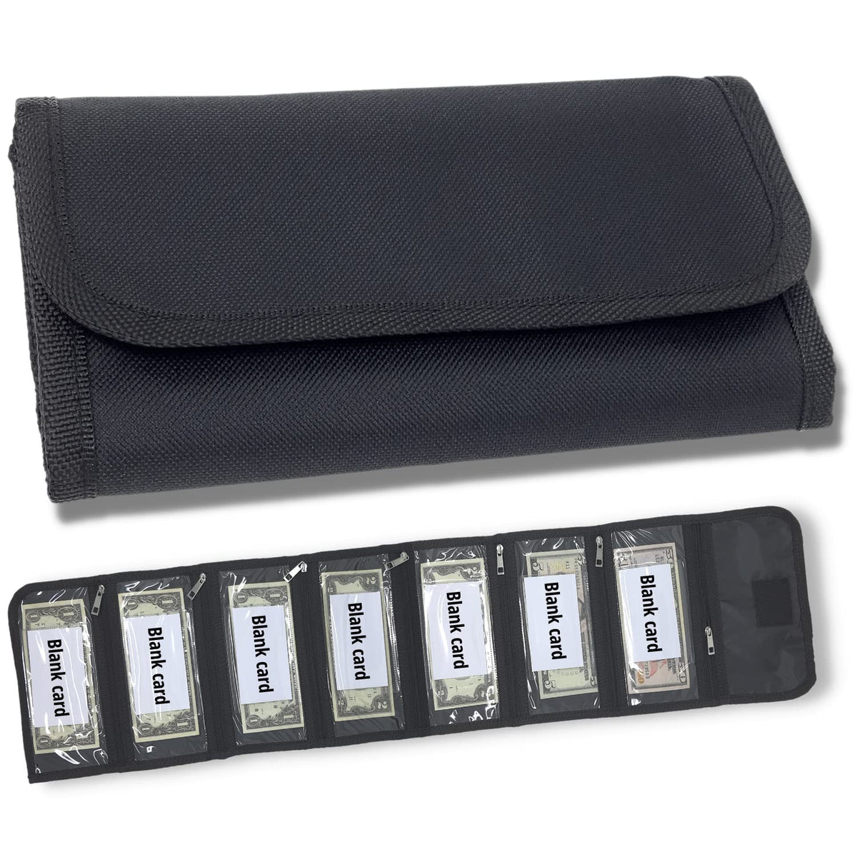 Money organizer for cash 7 slots money holder with blank card, Cash holder wallet organizer for Budgeting, Traveling, Saving, Receipts, Coupons and Tips (Black)