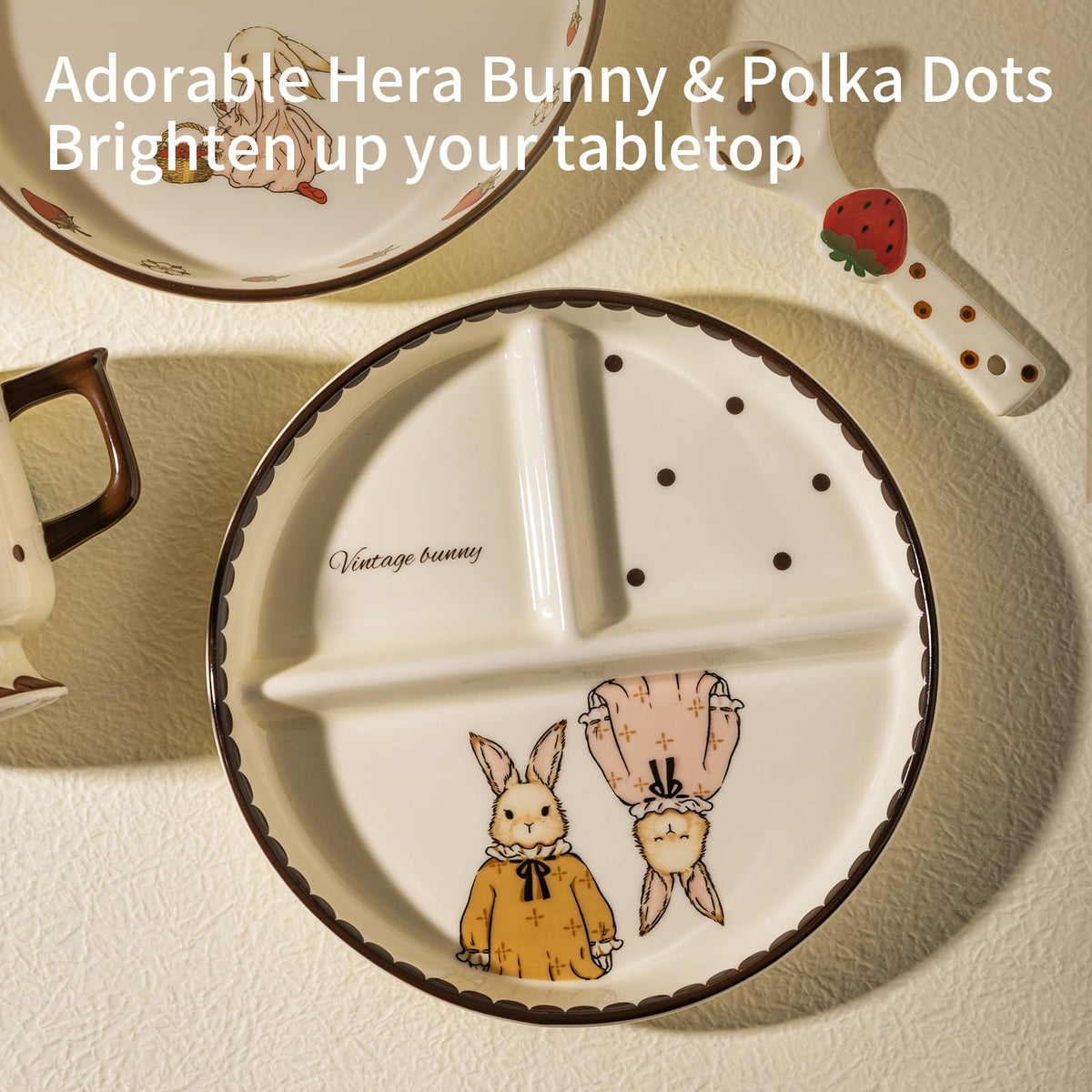 MDZF SWEET HOME Ceramic Divided Plate, 3-Compartment Portion Control Tray for Weight Loss & Healthy Eating, Cute Hera Bunny & Polka Dot Design, Aesthetic Sectioned Dinnerware