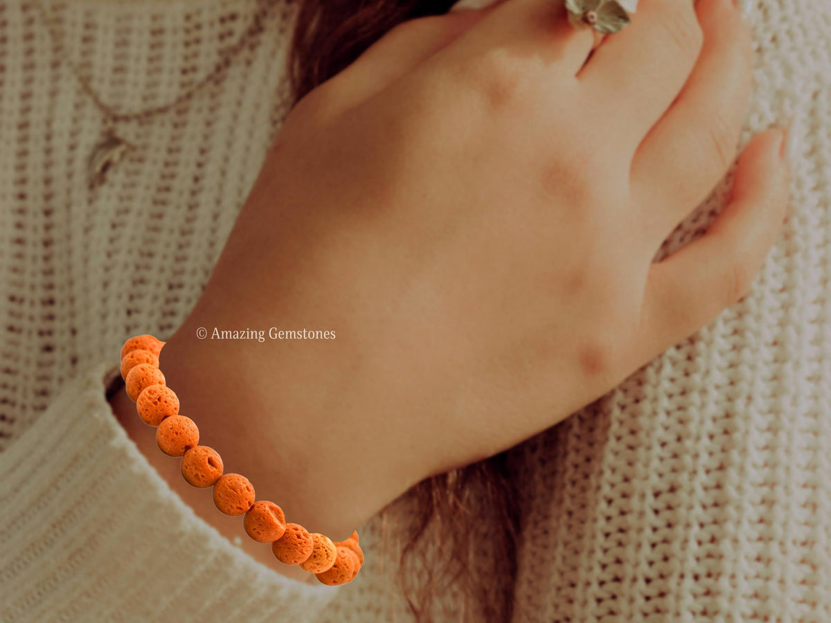 Amazing Gemstone Crystal Bracelet for Women Men's Gifts - Protection Healing Crystal Bracelet - 8mm Gemstone Beaded Stretchable Bracelet Pulseras Para Hombres Mujer Stocking Stuffers Mothers Day Gift (Orange Lava)
