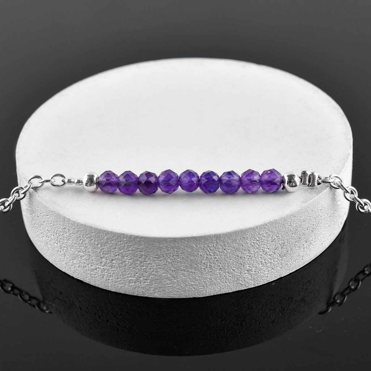 YANARA Amethyst Ankle Bracelet for Women Jewelry, Natural Birthstone, Gemstone Beads, Handmade Dainty Anklet 9"+1.25" inch, 3mm Rounds, Chakra Energy Crystals, Silver Plated Chain