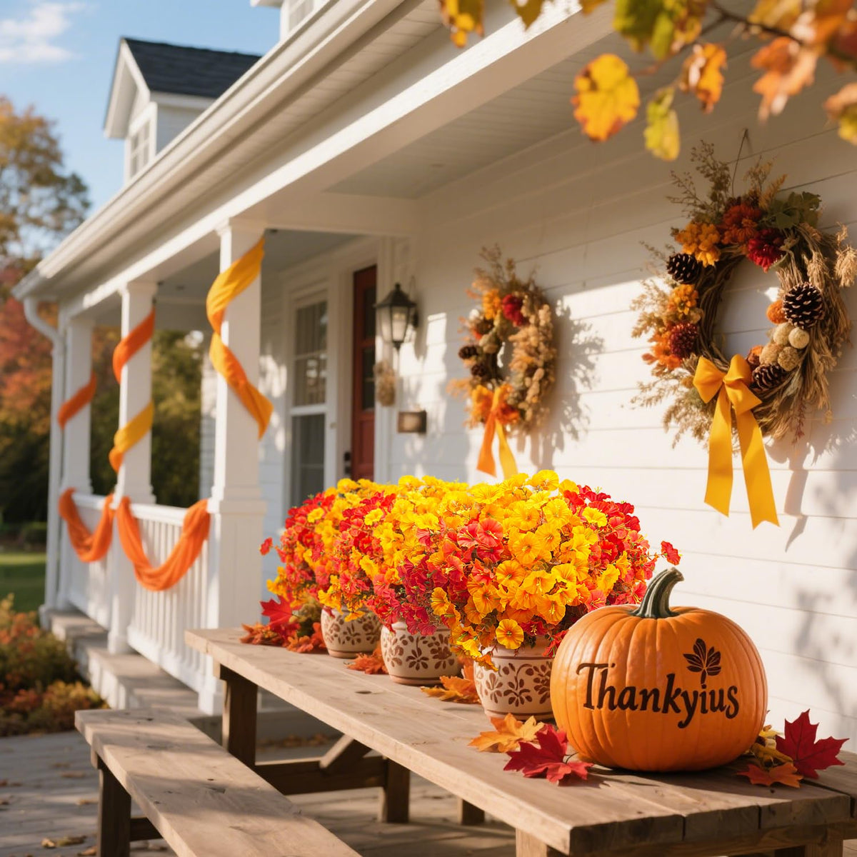 Grunyia 16 PCS Outdoor Fall Artificial Flower - Autumn Thanksgiving Halloween Porch Decor, Faux UV-Resistant Plants for Front Door, Wall, Fence, Fireplace Mantel Decorations