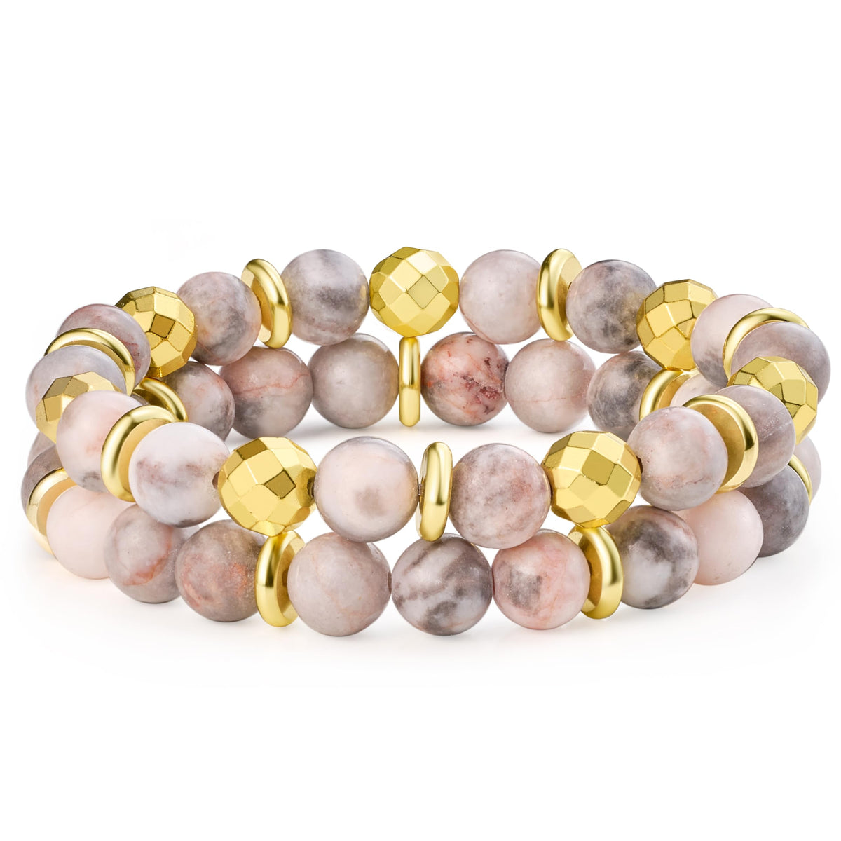 Bivei Natural Gemstone Semi Precious Crystals Handmade Stretchy Round Beads Bracelet, Enhance Positive Energy,Stocking Stuffers for Women(Gold Tone Pink Jasper & Sakura Agate(Love) Medium)