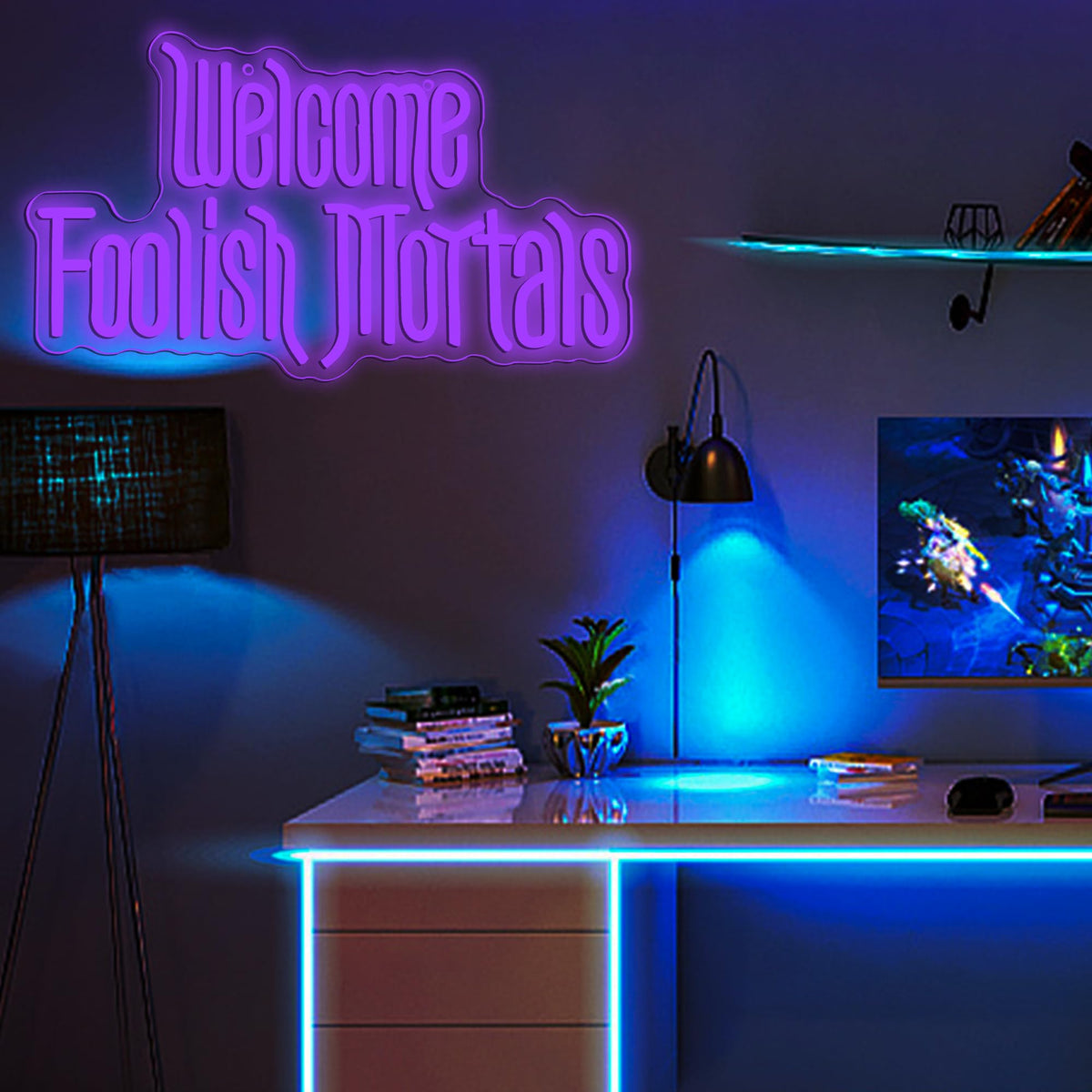 Welcome Foolish Mortals Neon Sign,Dimmable Spooky Gothic Purple Haunted Mansion Coffin LED Neon Signs for Wall Decor,USB Powered Led Neon Light for Haunted House Man Cave Halloween Party Birthday Gifts