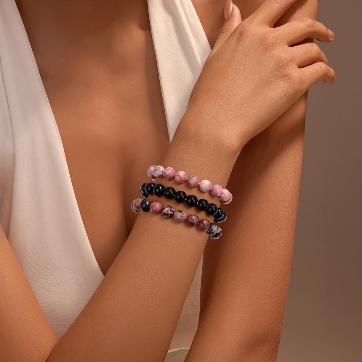 Vinswet Healing Crystal Bracelets for Women Men 8mm Zebra Stone Rhodochrosite Black Tourmaline Natural Stone Beaded Stretch Bracelet Handmade Gemstone Reiki Spiritual Jewelry Gifts