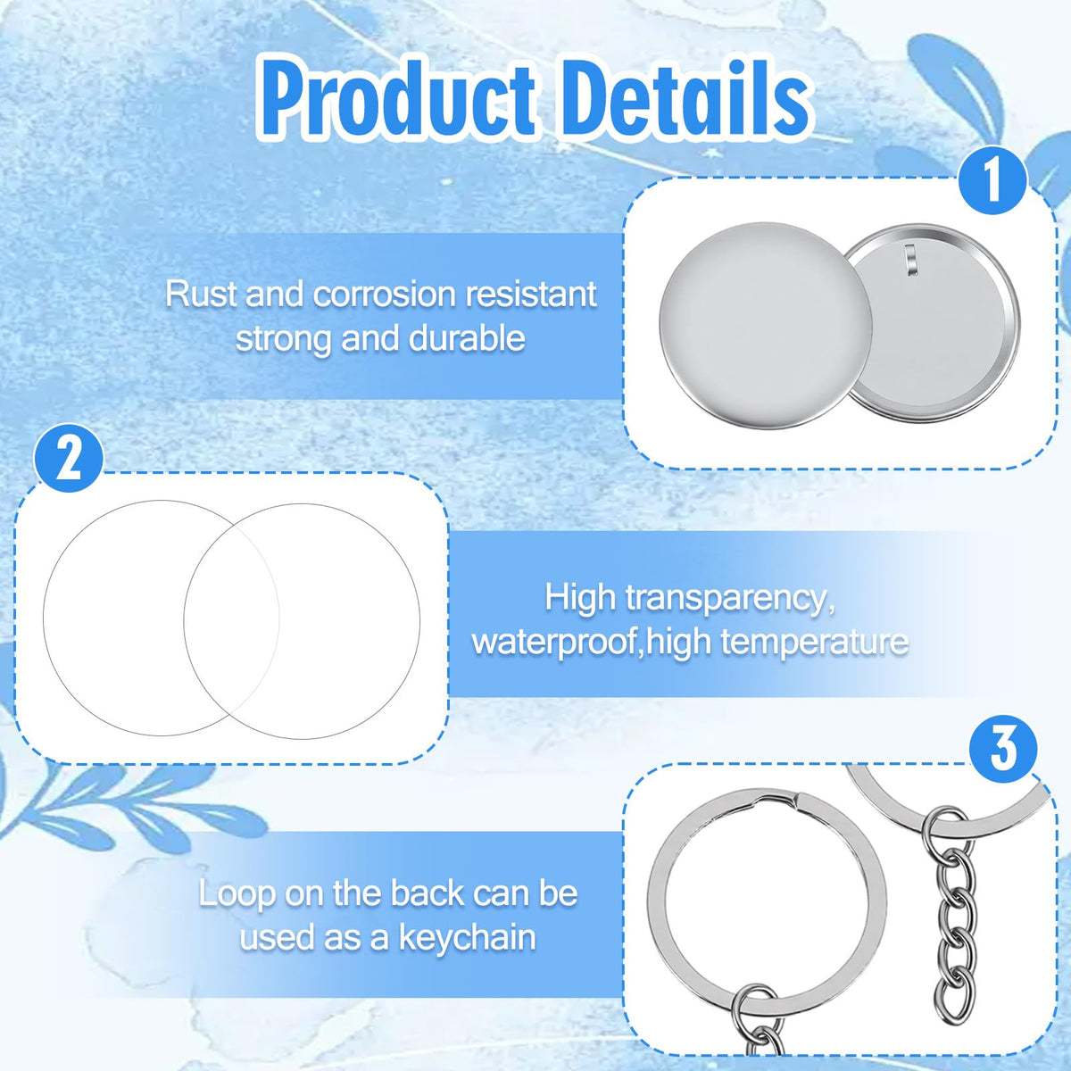 Afcabakila 100 Sets Button Maker Keychains Supplies 58mm/ 2.25 Inch Metal Badge Kit with 1.98 Inch Keychain Ring, Metal Shell, Plastic Film, Backing Parts for Button Maker Machine DIY Craft Gifts