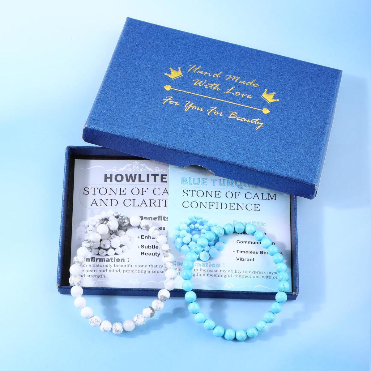 NCB 2-Piece 6mm Natural Crystal Gemstone Stretch Bracelets – ﻿Blue Turquoise, Howlite Handmade Reiki Energy Healing Jewelry for Meditation,Yoga, Unisex