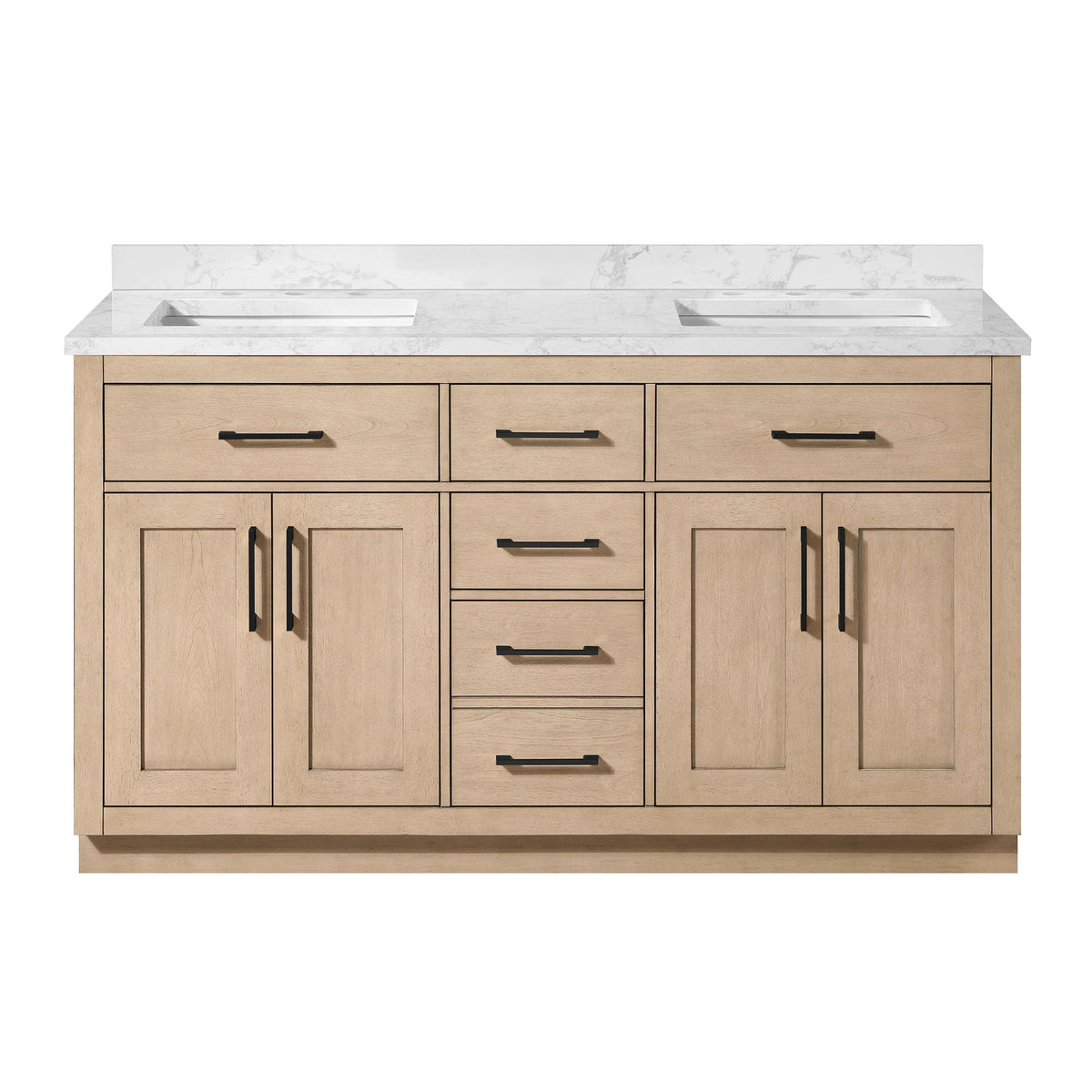 OVE Decors Athea 60 in. Double Sink Freestanding Sahara Birch Bathroom Vanity with White Engineered Marble Top, Matching Backsplash and Power Bar