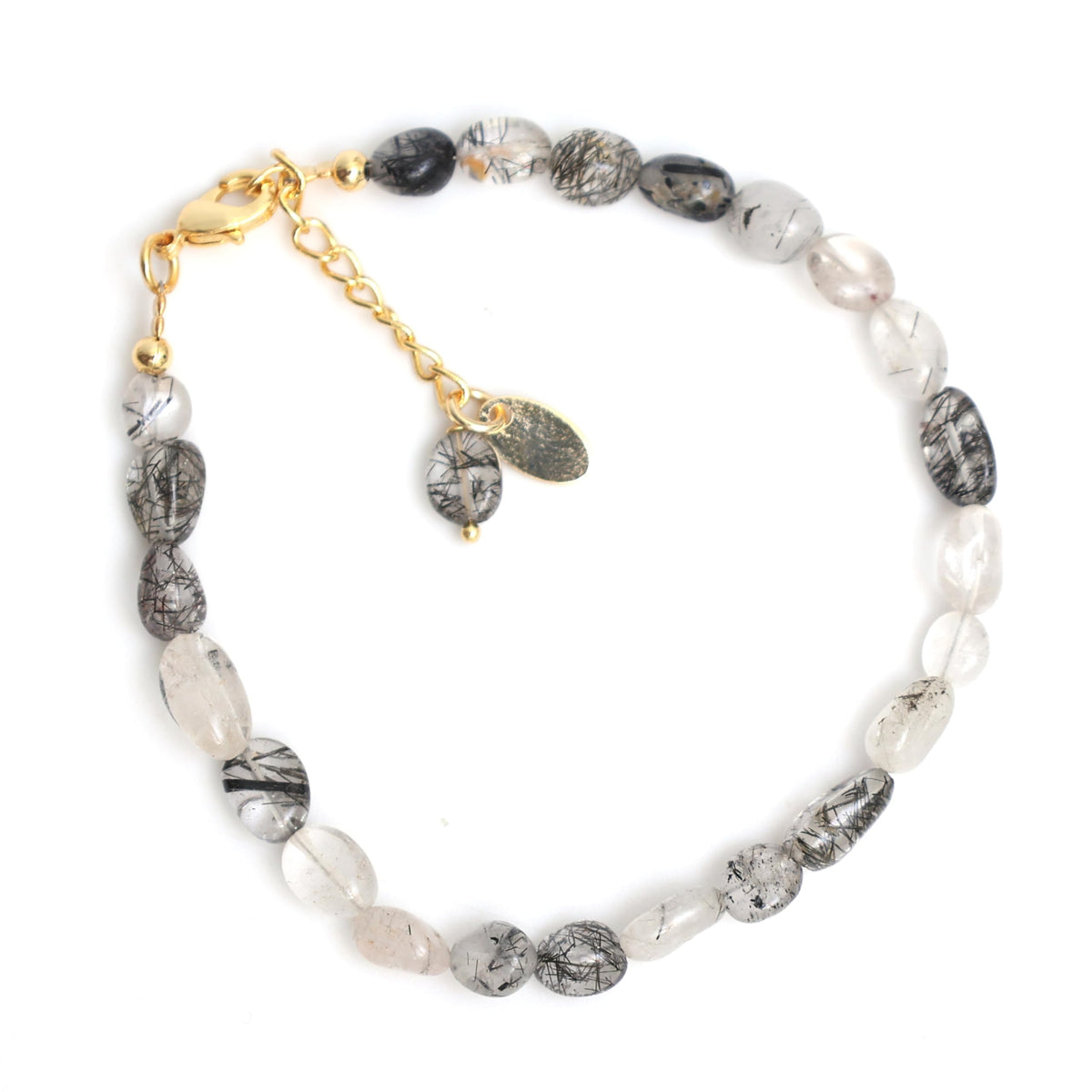 Gempires Gift Black Rutile Crystal Bracelets for Women, Beaded Bracelets, Oval Shape Crystals, Black Crystal Bracelets, Handmade, 8 inch 14k Gold Plated Adjustable Chain