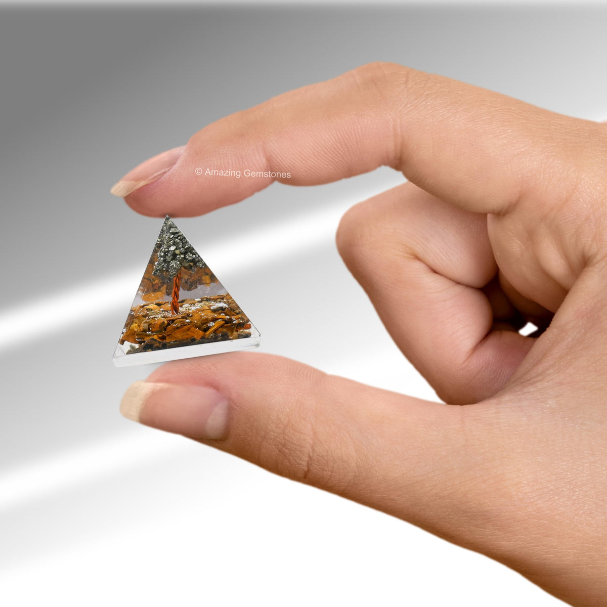 Amazing Gemstone Tiger Eye with Pyrite Tree Orgone Pyramid - 30mm Small Orgonite Pyramids with Crystals and Healing Stones - Authentic Organite Gifts