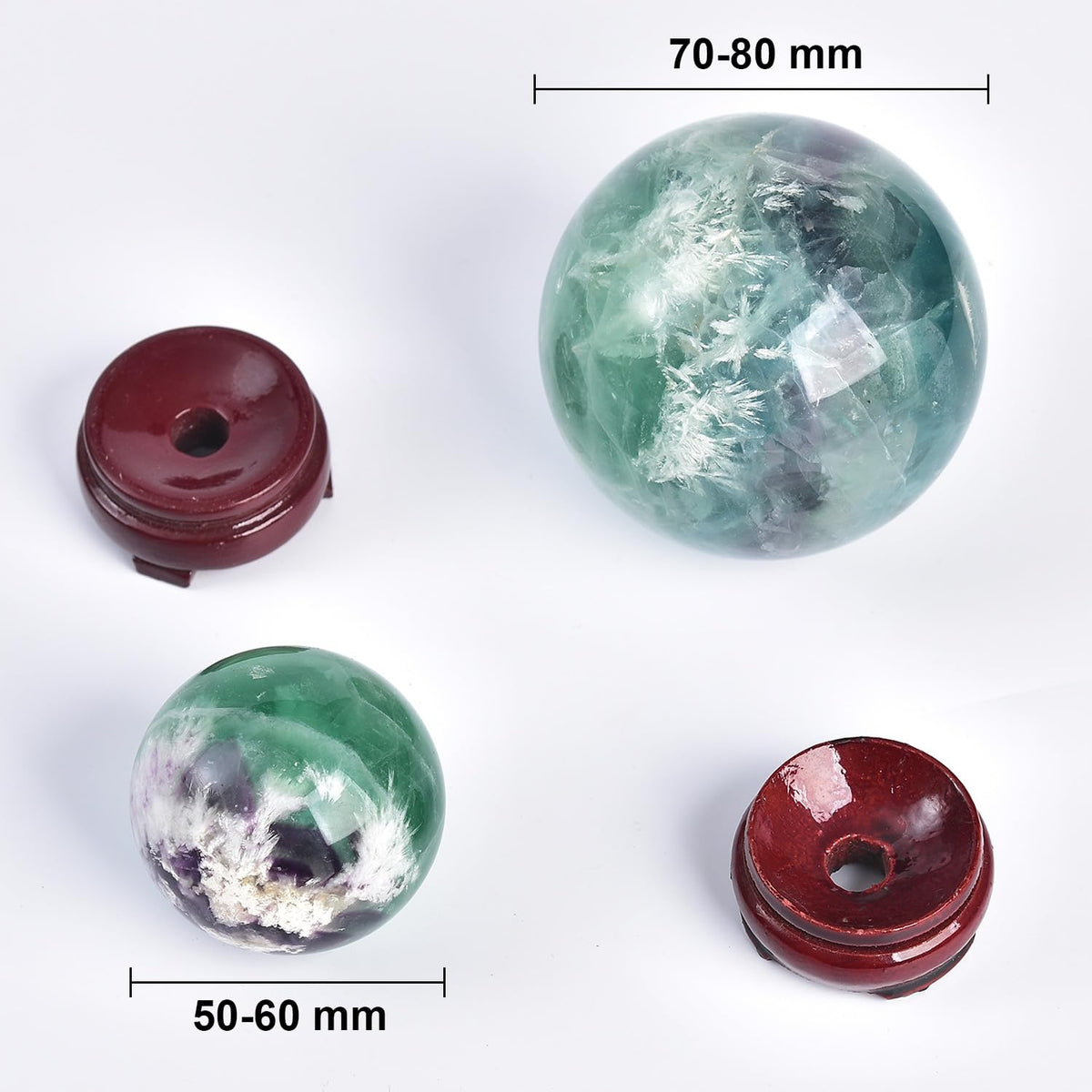 JIC Gem 2.7-3.1 inch(70-80mm) Large Crystal Ball Feather Fluorite Healing Crystals Sphere with Wooden Stand Meditation Home Decor