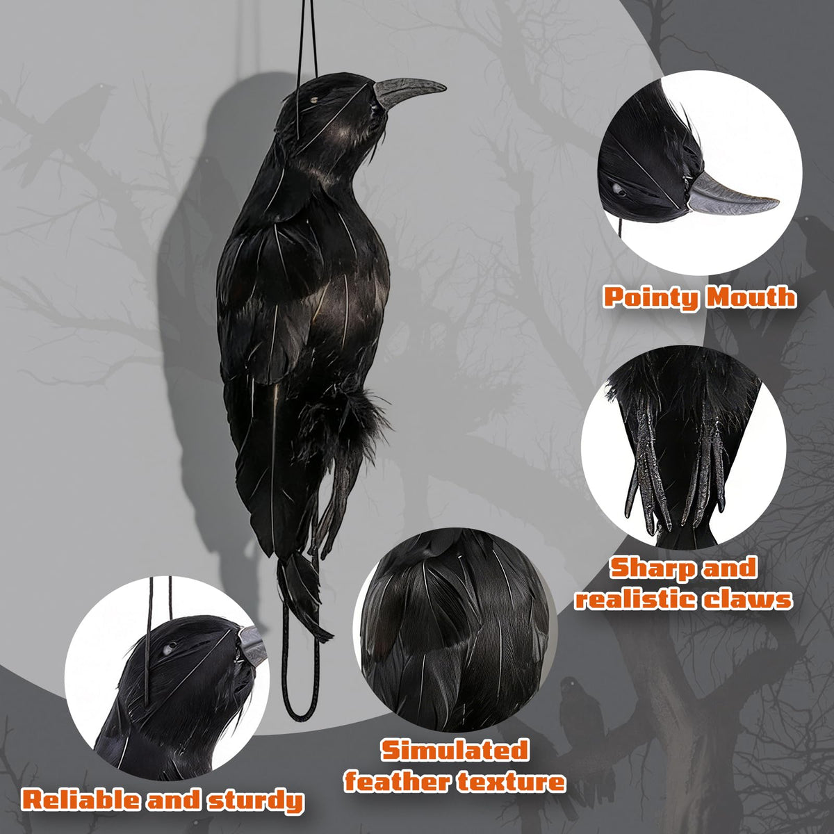 CYTGOUPER Realistic Hanging Dead Crow Decoys,12 Inch Large Lifesize Fake Crow Hunting Bait,Black Feathered Crows Decoy Figuring for Garden Halloween Decor Birds Party Props