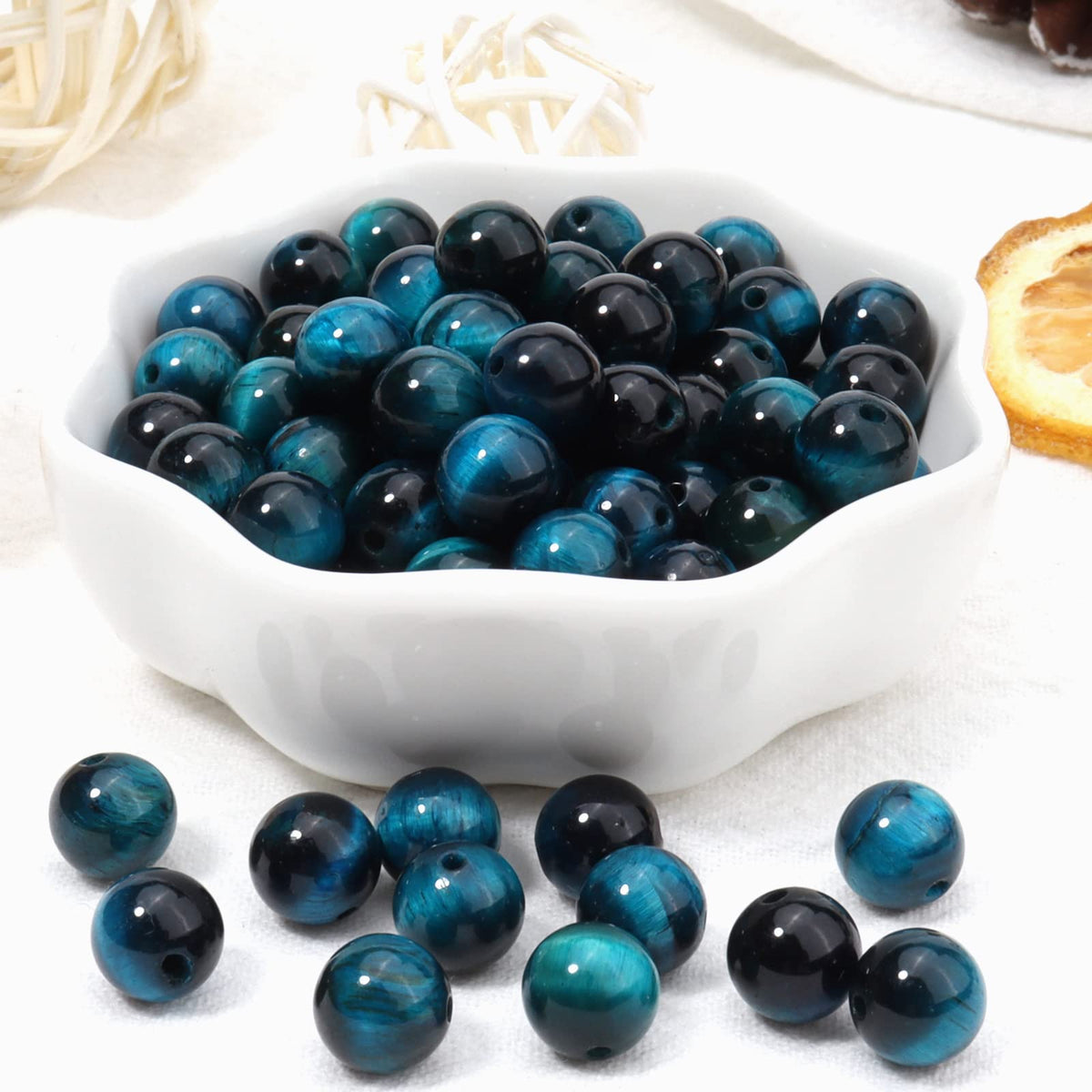 60pcs 6mm Natural Aquamarine Tiger Eye Gemstone Beads Energy Healing Crystal Round Loose Stone Beads for Jewelry Making, DIY Bracelets Necklaces