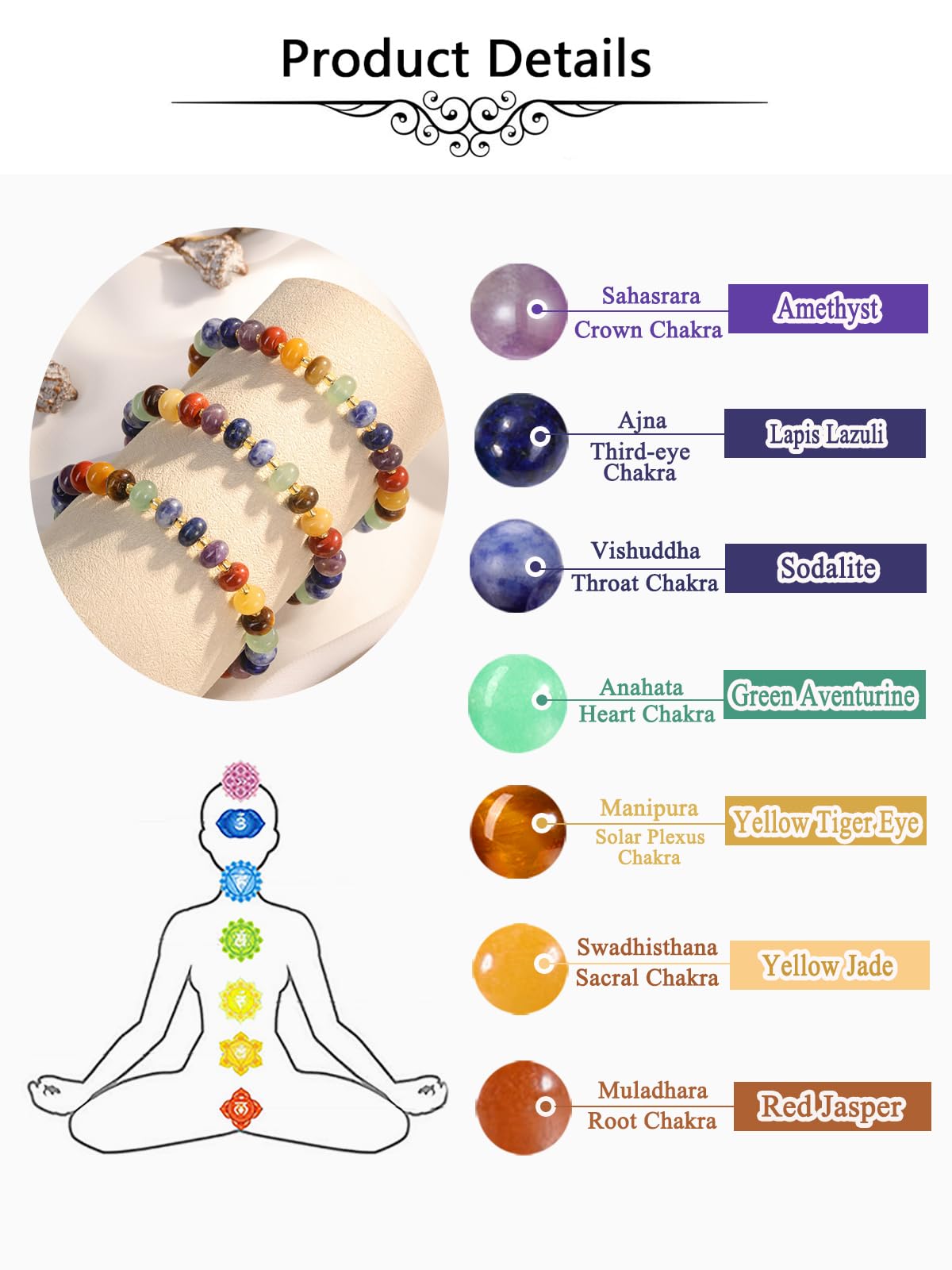 Jovivi 7 Chakra Gemstone Beaded Bracelets for Women Colorful Natural Healing Crystals Stone Bead Bracelet Adjustable Macrame Handmade Surfer Beach Summer Jewelry Gifts