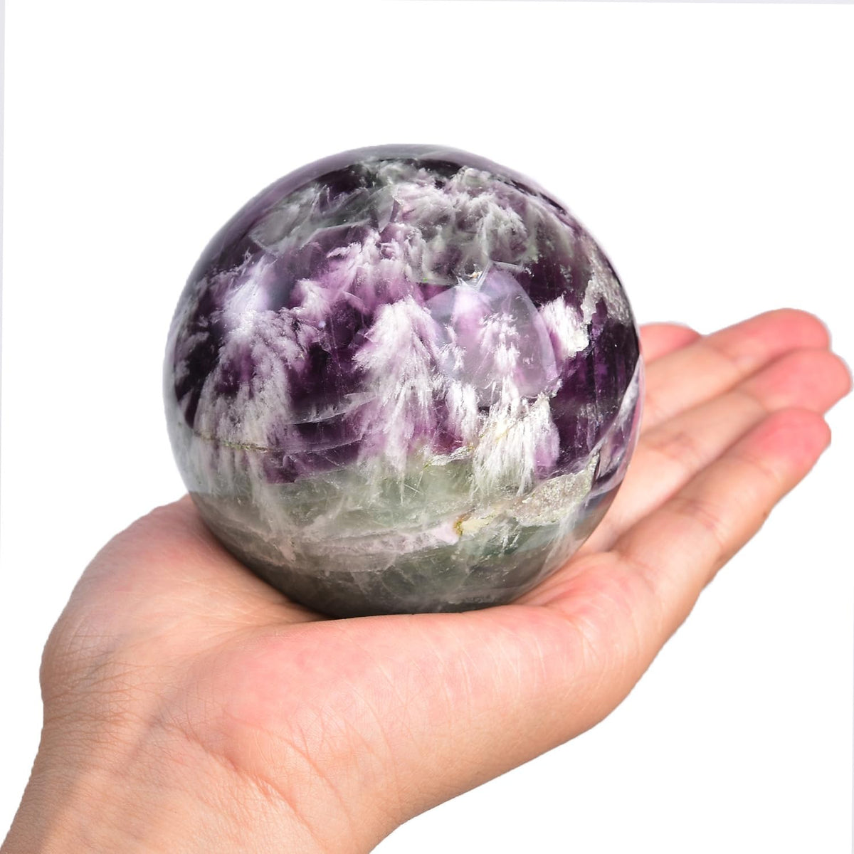 JIC Gem 2.7-3.1 inch(70-80mm) Large Crystal Ball Feather Fluorite Healing Crystals Sphere with Wooden Stand Meditation Home Decor