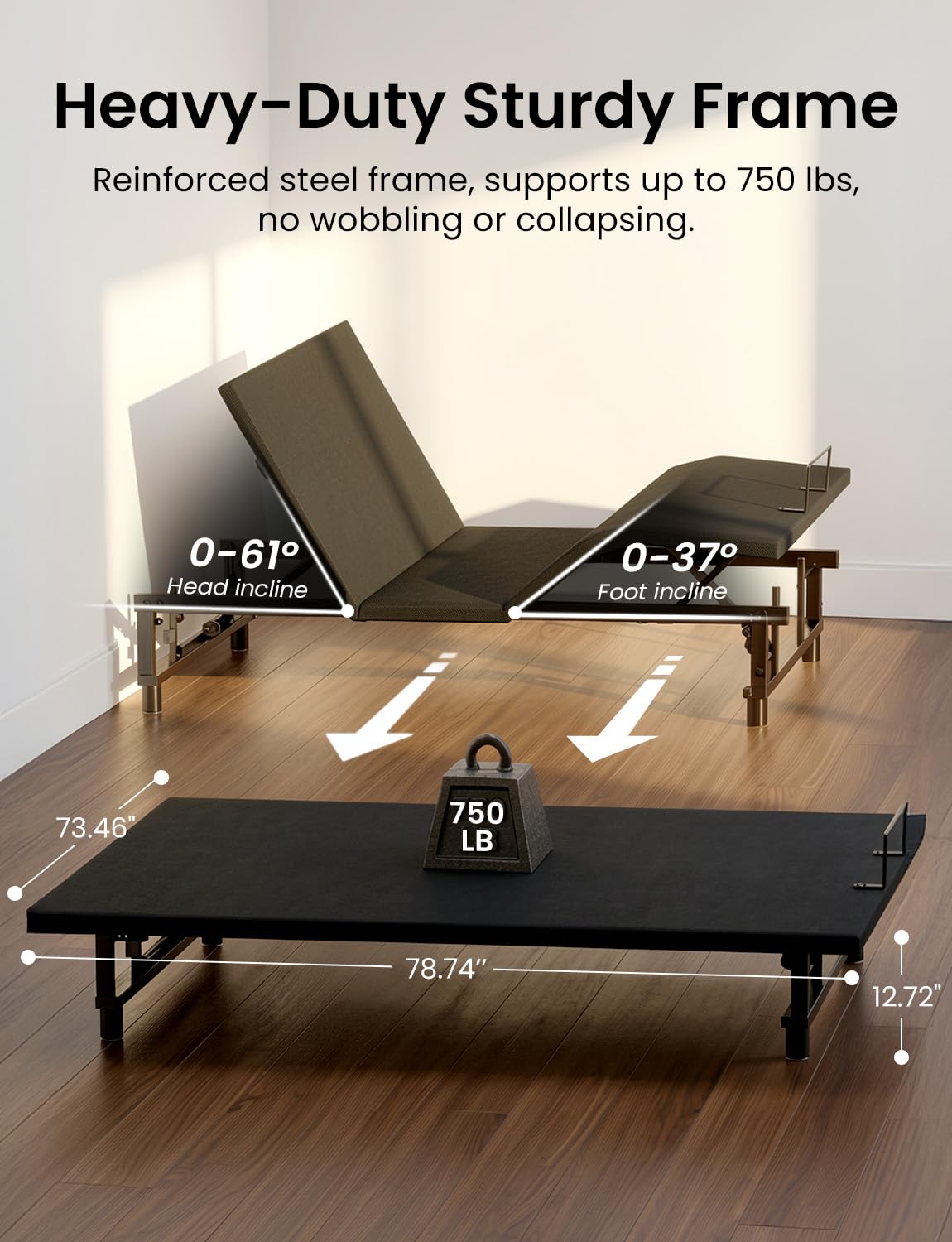 Feetice King Size Adjustable Bed Frame with Wireless Remote, Zero Gravity & Head & Foot Incline, Heavy-Duty Steel Frame, Whisper-Quiet Motor, Easy Installation (79" L x 74" W x 12.72" H)