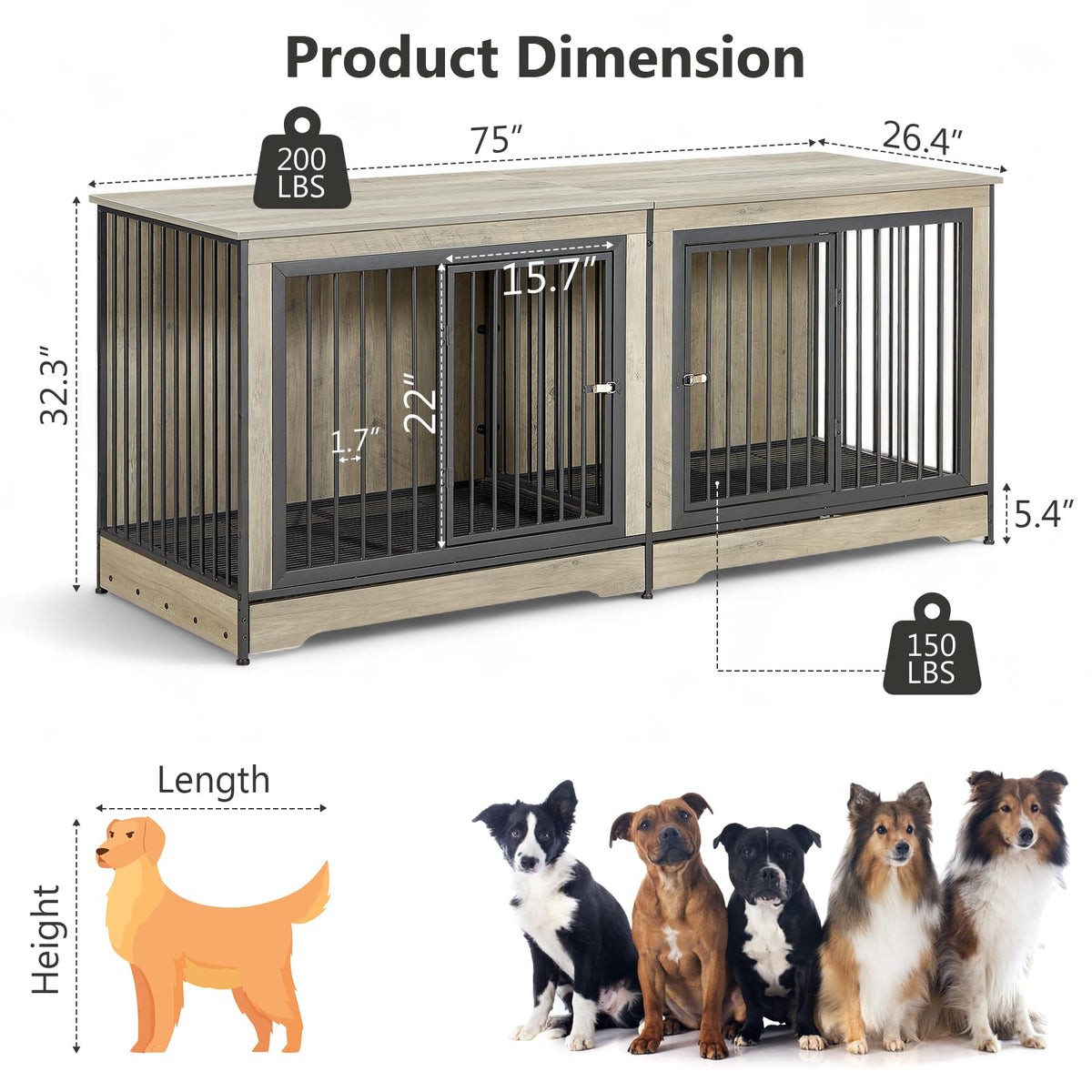 Rovibek 75 Inch Dog Crate Furniture for 2 Dogs, Wooden Dog Cage Furniture, Decorative Dog Kennels with Double Doors, Double Dog Kennel Furniture, Dog Crate TV Stand for Large Dogs, Grey