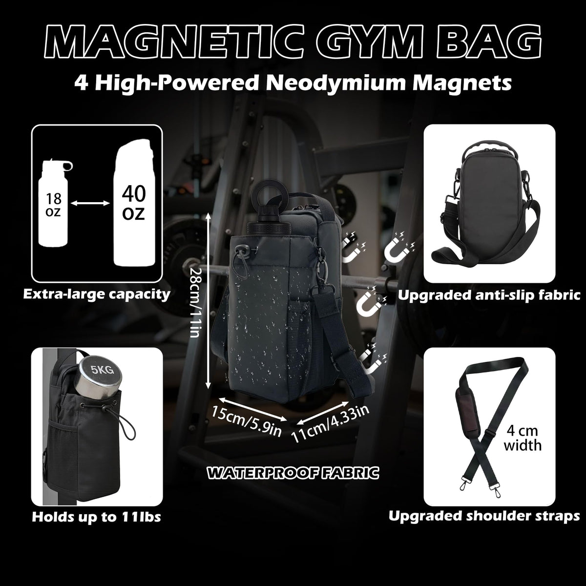 Magnetic Gym Bag Bundle 3-in-1: Sling Bag with 32oz Water Bottle & Phone Holder, Magnetic Towel & Pouch – Small Gym Bag for Men Women