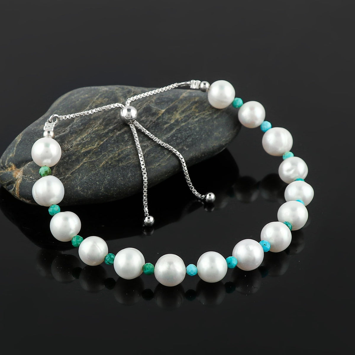 CRYSTALIS Natural Turquoise And Freshwater Pearl Beaded Bracelet, Elegant Beads Crystal, Chakra Bracelet, Healing Bracelet, Gemstone Jewelry, Friendship Bracelet, 925 Sterling Silver Slider 10 inch