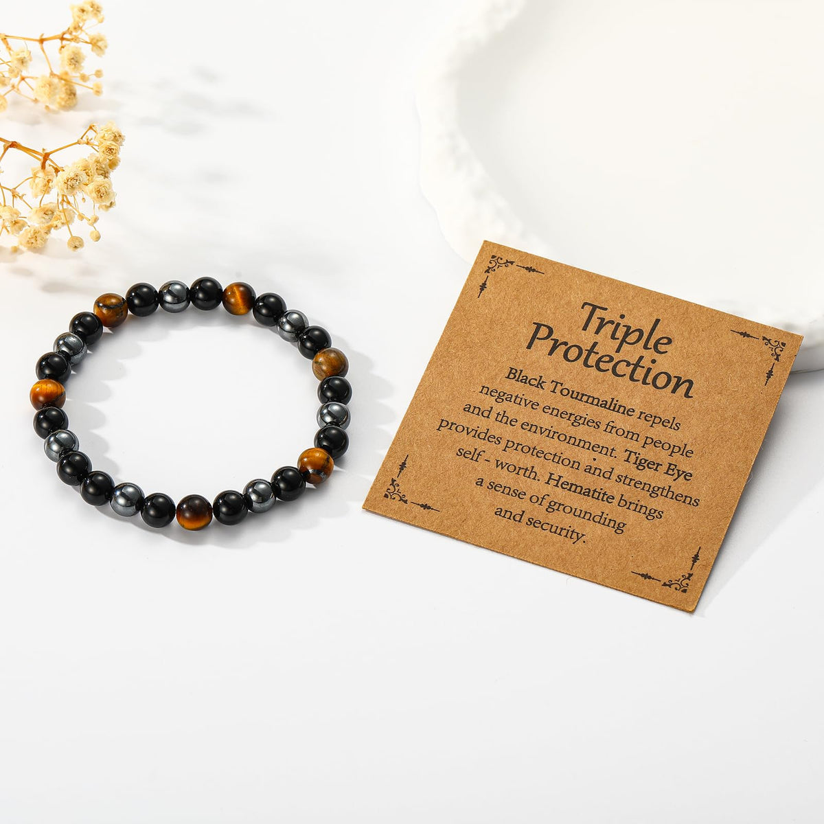 Gnamy Bracelet Gifts for Women, Triple Protection Healing Crystal Beaded Bracelets Hematite Black Tourmaline Tigers Eye Natural Worry Stones Anxiety Healing Birthday Easter Basket Stuffers Jewelry Presents for Her Adults Mom