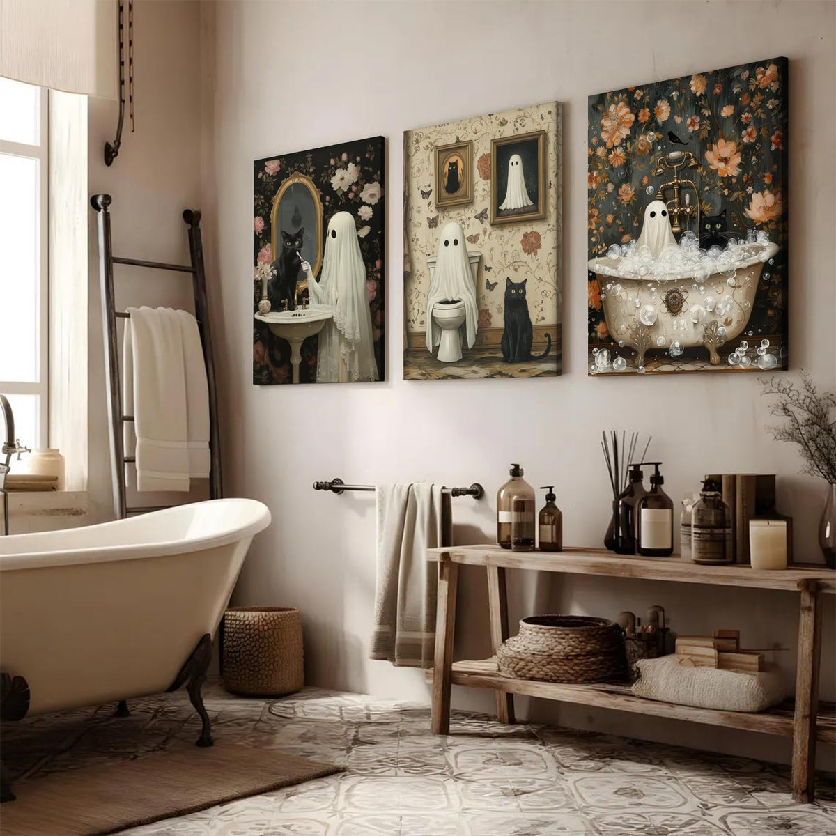 Halloween Ghost Bathroom Wall Art Set of 3, Funny Gothic Wall Decor Dark Academia Decor Pictures, Horror Ghost and Black Cat in Bathroom Poster Canvas Prints 12x16 inch Framed