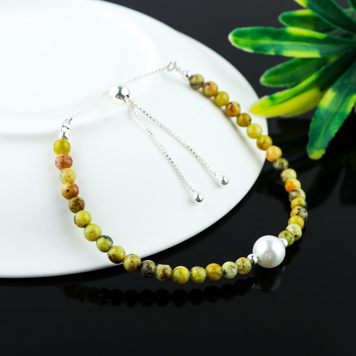 CRYSTALINES Natural Green Opal Gemstone Bolo Bracelet, Cultured Pearl Beads Stones, Handmade Hypoallergenic Boho Jewelry for Women, Healing Crystals, Adjustable Silver Plated 6+4inch, Birthday Gift