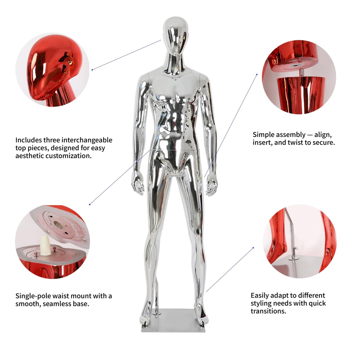 Full Body Male Mannequin with Chrome Metallic Finish, Fiberglass Abstract Dress Form with Posable Head, Futuristic Retail Display Dummy with Metal Base for Men's Fashion Window(Chrome Gold)