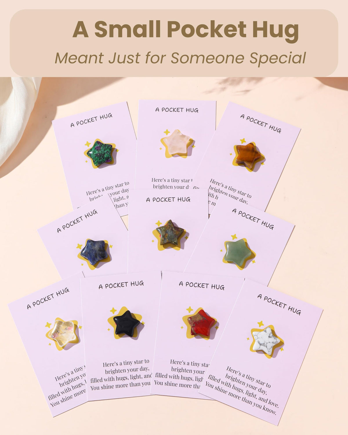 QianCannaor Pocket Hug Cards Bulk Crystal Stone Gift Set - 10Pcs Natural Star-Shaped, Bulk Valentines Day Gifts for Adults, Ladies, College Students, Friends - Thinking of You Anxiety Relief Keepsake(Star 10Pcs)
