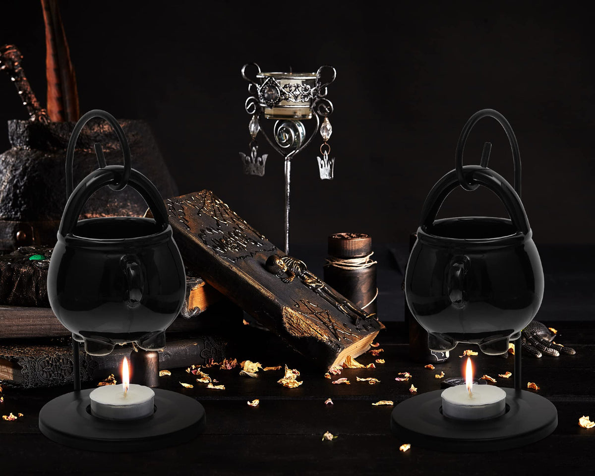 2 Pcs Hanging Pagan Cauldron Oil Burner, Cauldron Wax Warmer Diffuser with Handle 10 Pcs White Tea Lights Candles Witch Decor for Home Wax Melts Christmas Gothic