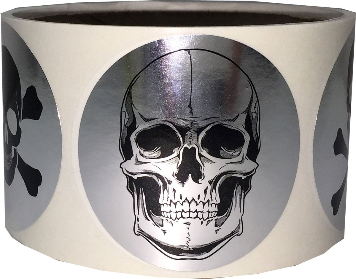 Silver Skull and Crossbones Circle Dot Stickers, 2 Inch Round, 100 Labels on a Roll