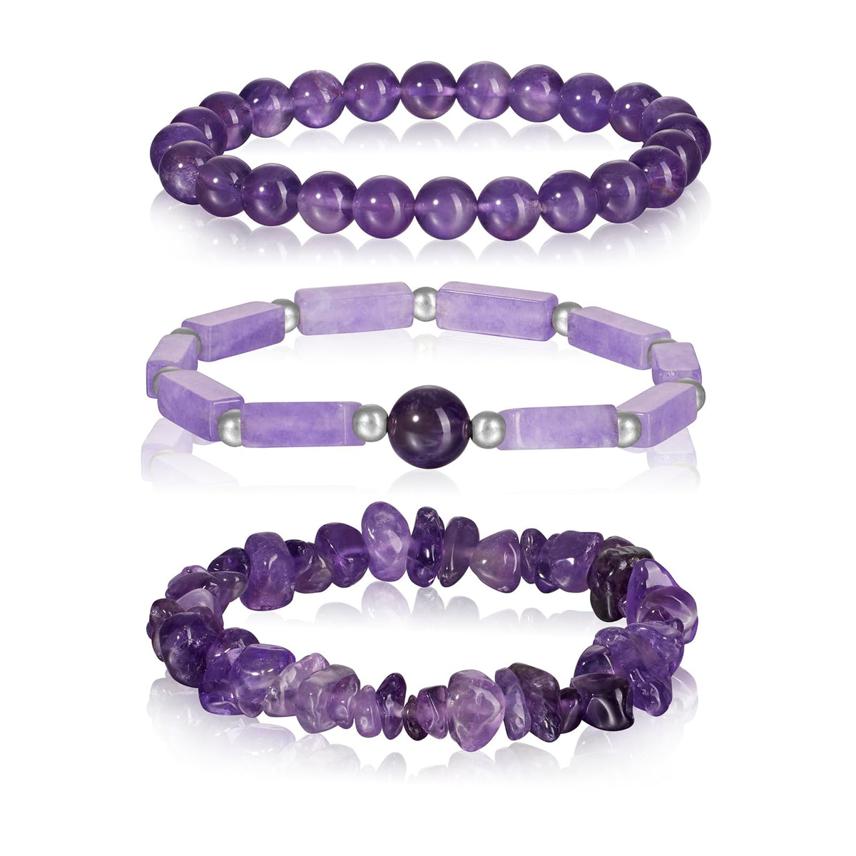 3PCs Amethyst Bracelet for Women 8mm Crystal Beaded Bracelet Purple Bead Bracelet Stretch Bracelet Amethyst Jewelry Gifts for Women