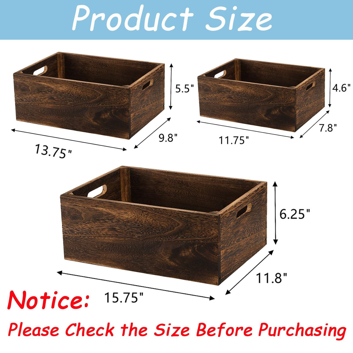 Frcctre Set of 3 Wood Nesting Storage Crates with Handles, Decorative Farmhouse Wooden Crates Storage Containers Rustic Handmade Natural Solid Wood Basket