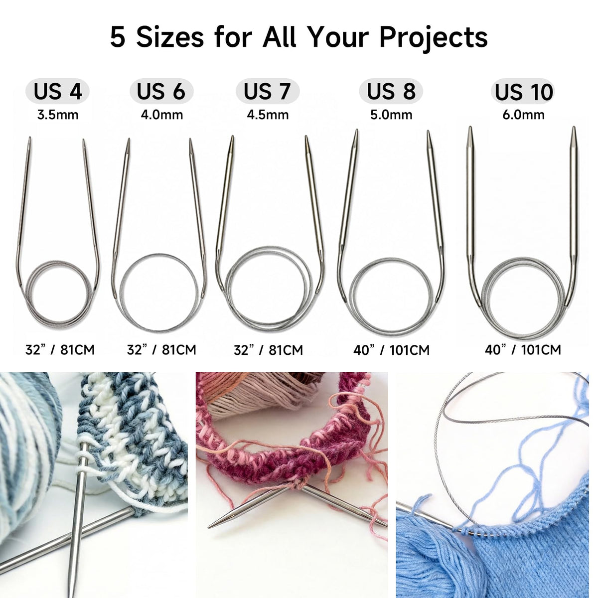YLAZIION 40 Inch Circular Knitting Needles Size US 8 (5.0mm), Long Stainless Steel Knitting Needle, Metal Circle Knit Tools with Flexible Cord for Large Blanket Afghan, 101cm