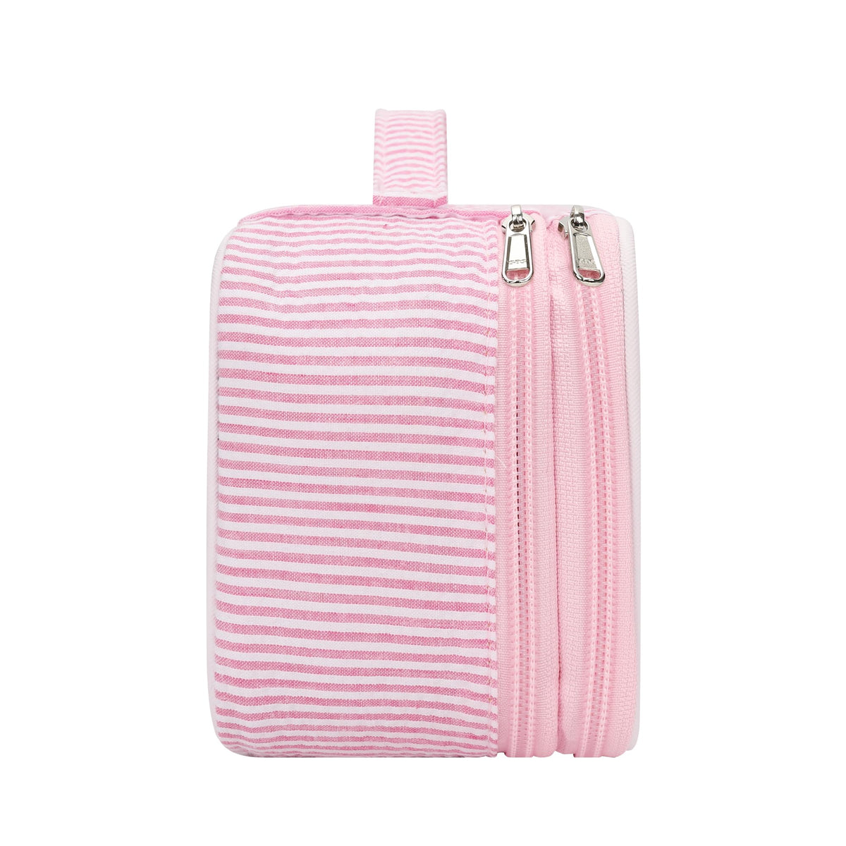 Relavel Cute Makeup Bag for Girls, Portable Pink Cosmetic Bag, Dual-layer Makeup Pouch with Brush Holder, Multi-Functional Preppy Toiletry Organizer for Travel, Daily Use - Pink Strip