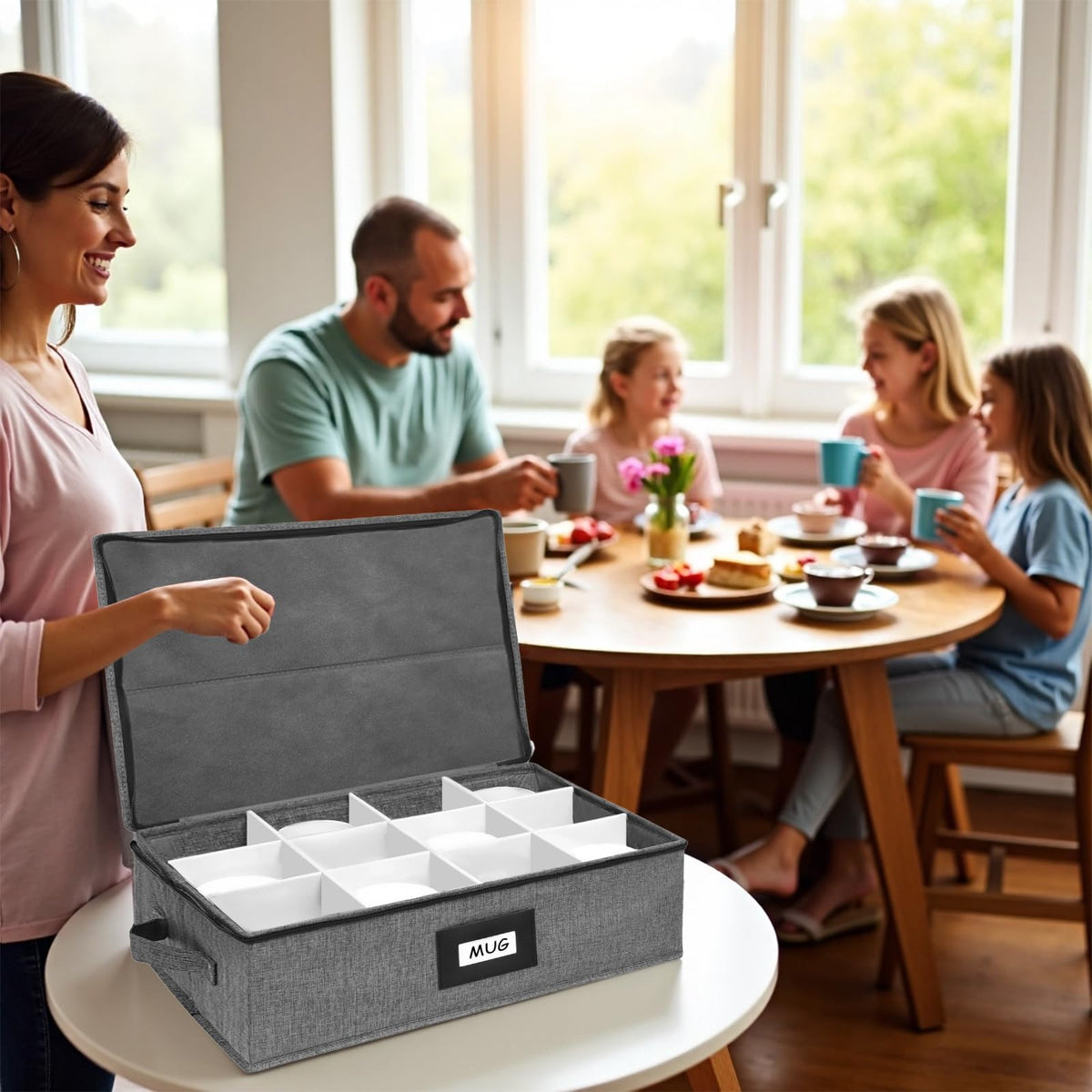 HURZMORO Mug Storage Box with 12 Compartments, Gray Hard Shell Container, Padded Dividers, Dual Handles, Zipper Lid for Coffee Cup Organization and Moving (1, Coffee Cup Storage Box)