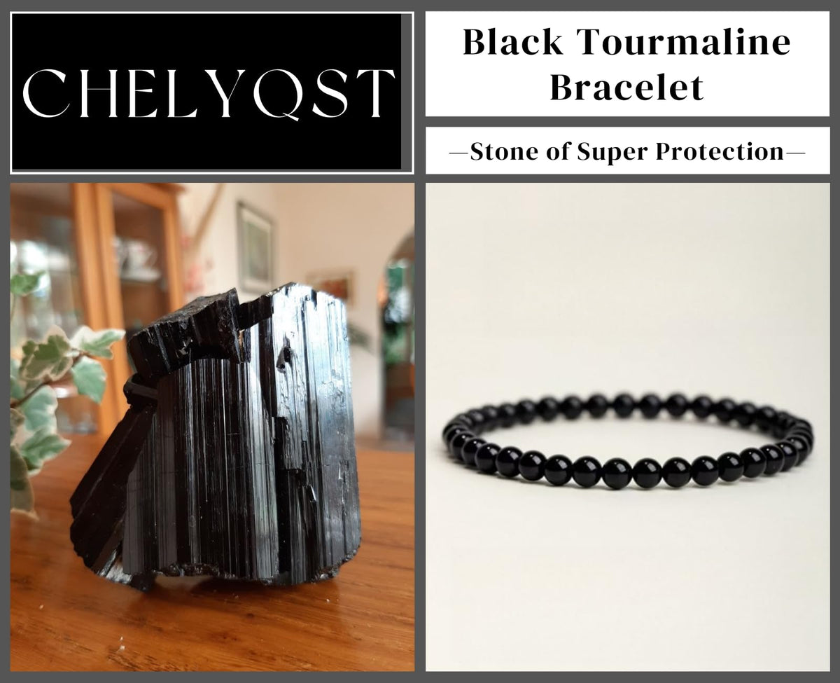 CHELYQST Black Tourmaline Bracelet - Stone of Super Protection,Stretch Natural Stone Crystal Beads Jewelry Gifts for Women Men Unisex Adult,4mm