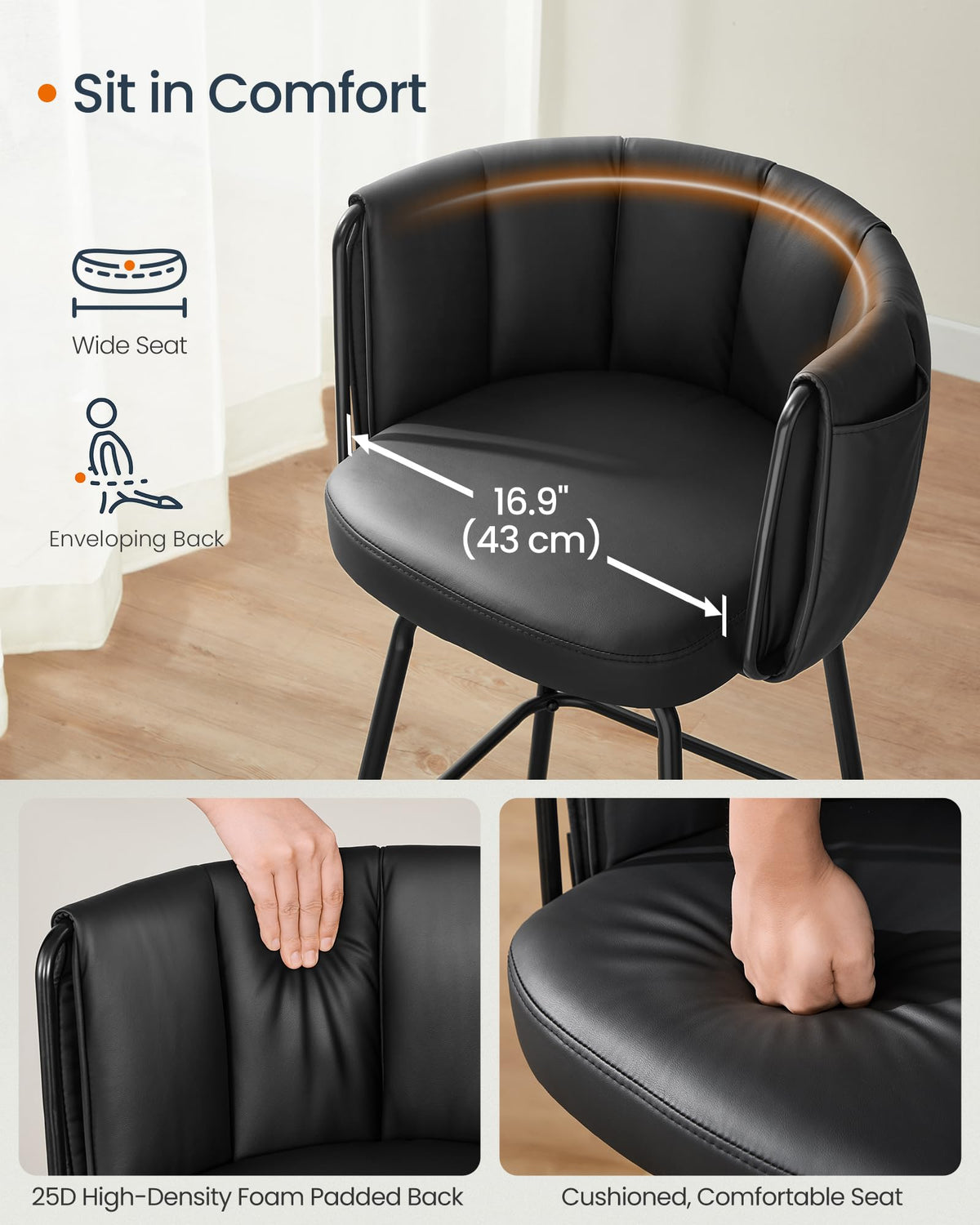 SONGMICS HOME 360° Swivel Bar Stools Set of 4, Barstools with Curved Back, Upholstered Counter Bar Stools with Footrest, Metal Tapered Legs, for Kitchen Island, Dining Room, Ink Black ULBC123BH01S-2J
