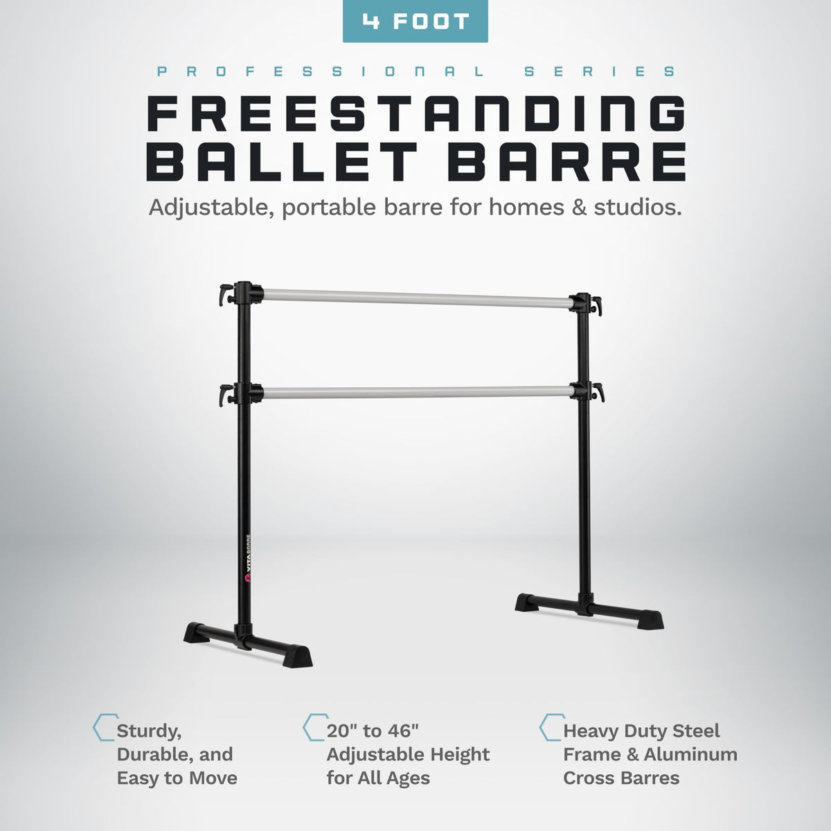 VITA Barre Portable Freestanding Double Ballet Barre, Professional, 4 Ft Bars, Black, Aluminum | Adjustable Height, Made in USA, Home or Gym Exercise Equipment for All Ages | Dance, Fitness, Pilates