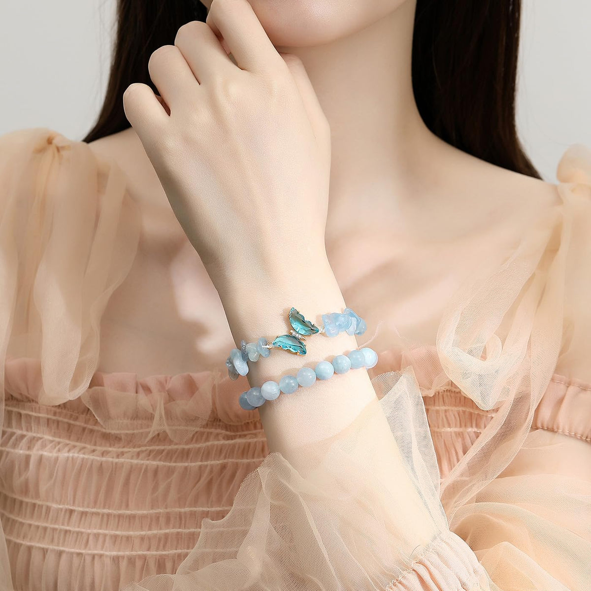 DUQGUHO 2PCS Aquamarine Bracelets Blue Bracelet for Women Natural Aquamarine Crystals Jewelry 8mm Butterfly Bracelet Gifts for Women