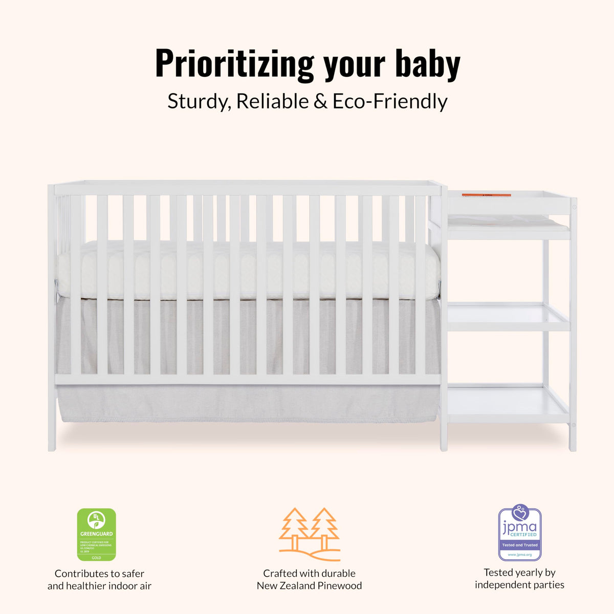 Dream On Me Synergy 3-in-1 Convertible Full-Size Baby Crib & Changer, White, Open Storage, GreenGuard Gold & JPMA, Pinewood, Converts to Day & Toddler Bed, 4 Mattress Heights, 1″ Changing Pad,