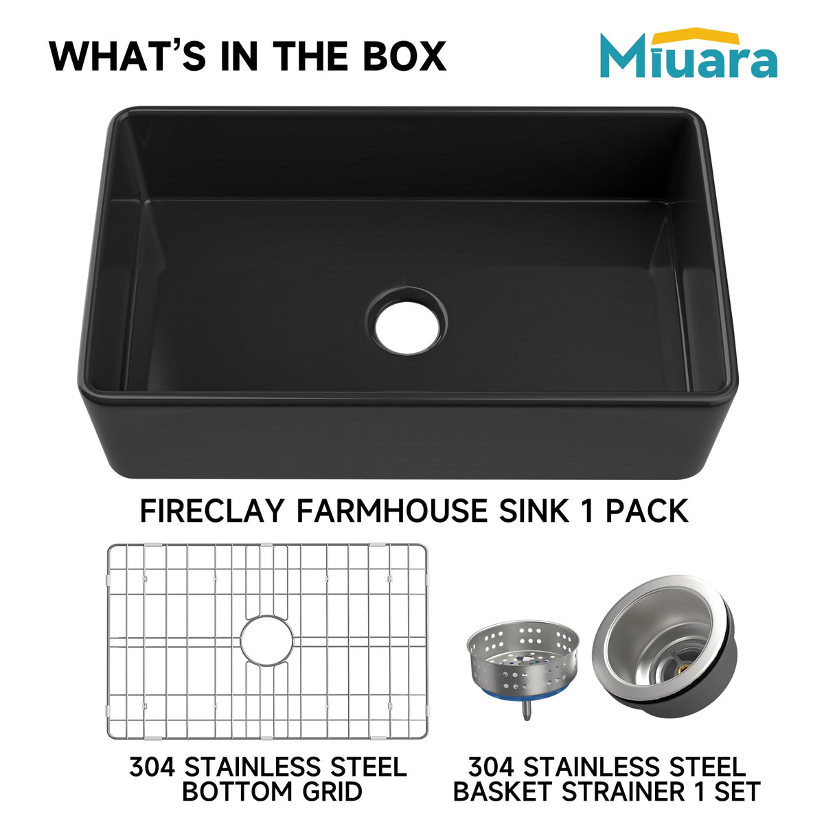 Miuara Black Farmhouse Sink 33 Inch - Large Apron Front Kitchen Sink Single Bowl 33"x18", Undermount Farm House Style, Heavy Duty Solid Fireclay, Matte Black, for Kitchen