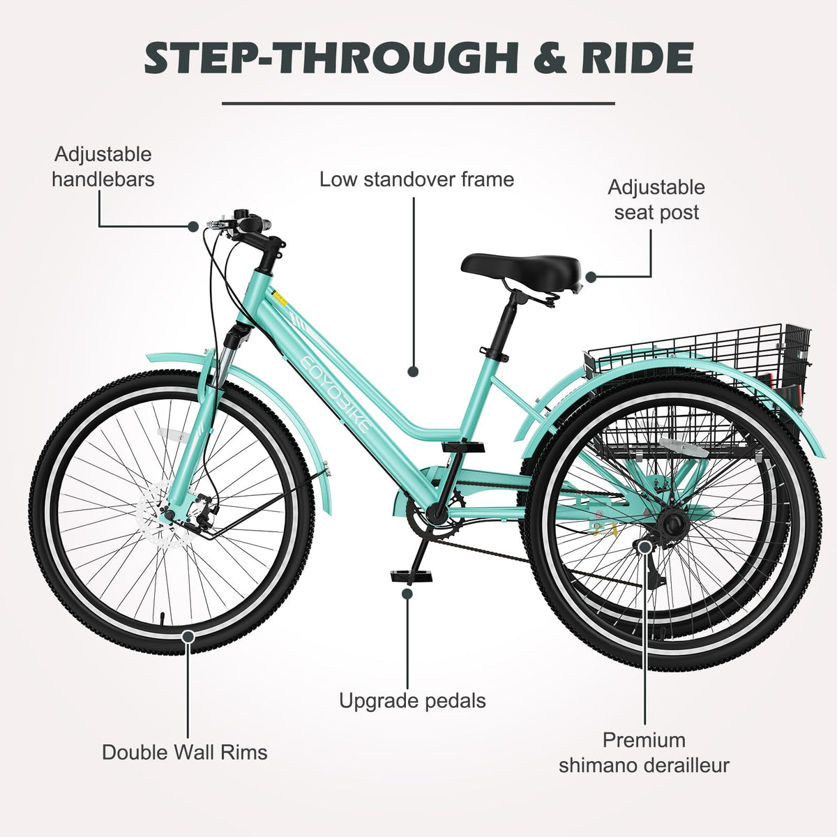 H&ZT Adult Tricycle, 3 Wheeled Bike, Trike Cruiser Bike, with 7-Speed Gear, Parking Brake Handle, Low Step, Large Rear Basket, Elderly Friendly, for Men, Women, and Teens