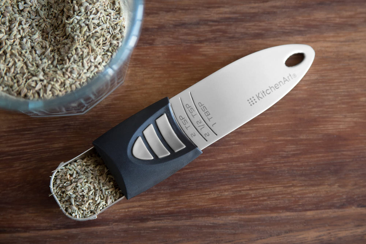 KitchenArt Stainless Steel Pro Sliding Adjust-A-Tablespoon and Teaspoon, Adjustable Measuring Spoon Set