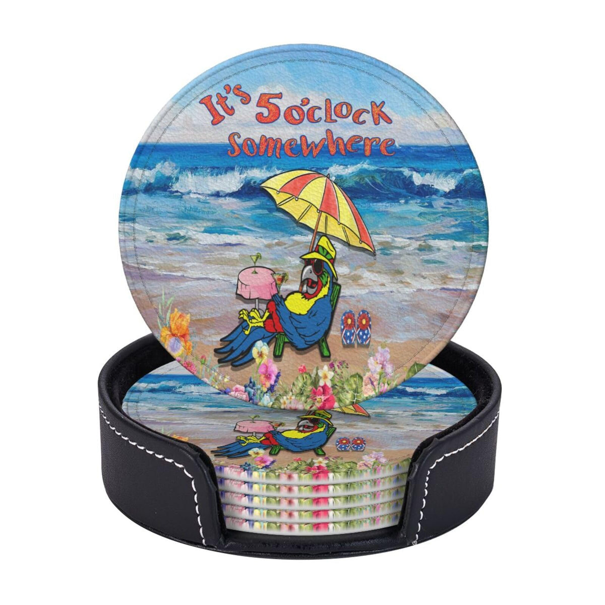 ItS 5 O'Clock Somewhere Parrot Drink Coasters Set of 6 Pack with Holder Able Cup Mat for Hot Cold Drink Non-Slip Housewarming Gifts